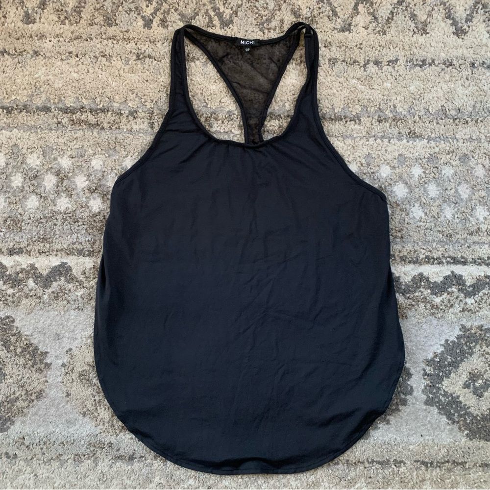 MICHI Black Split Hem Racerback Mesh Tank Top Small